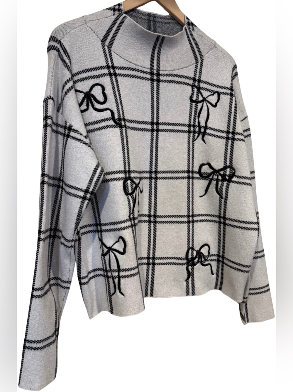 Anthropologie Maeve Carys Mock Neck Bow Plaid Sweater Knit M Preppy Coquette - Picture 3 of 8